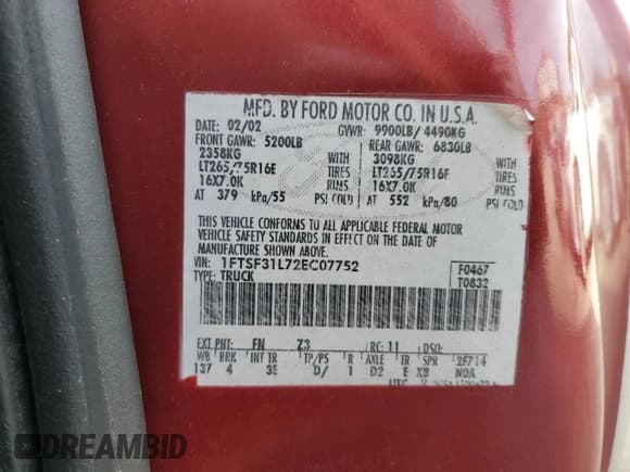 ✅ 2002 Ford F-350 XL • VIN: 1FTSF31L72EC07752 • Лот: 53464854. Опубликован ранее на Copart с пробегом 105 485 миль. Бесплатный доступ к архиву аукционных продаж из США и подробный отчёт об истории автомобиля на DreamBid. Изображение 12.