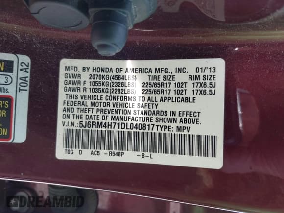 ✅ 2013 Honda CR-V EX-L • VIN: 5J6RM4H71DL040817 • Lot: 43175614. Listed on IAAI with 153,101 mi. Free auction sales archive from the USA and detailed vehicle history report at DreamBid. Image 9.