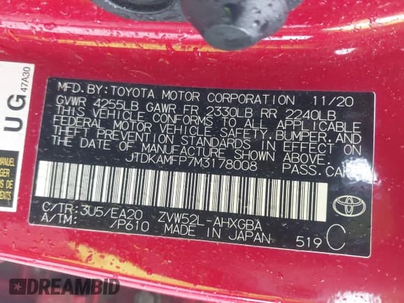 ✅ 2021 Toyota Prius LE • VIN: JTDKAMFP7M3178008 • Lot: 42273697. Listed on IAAI with 110,605 mi. Free auction sales archive from the USA and detailed vehicle history report at DreamBid. Image 9.