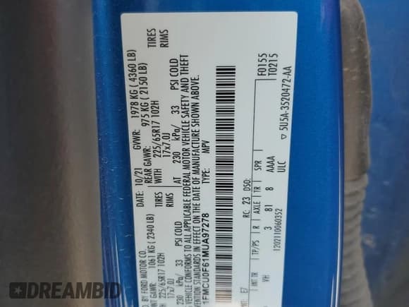 ✅ 2021 Ford Escape S • VIN: 1FMCU0F61MUA97278 • Lot: 56353785. Listed on Copart with 70,989 mi. Free auction sales archive from the USA and detailed vehicle history report at DreamBid. Image 13.