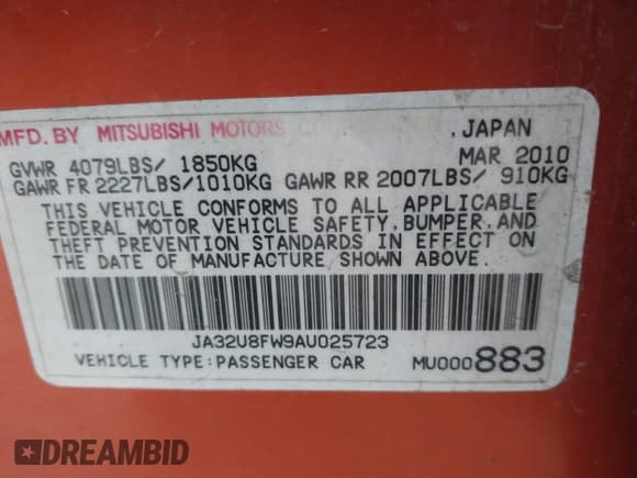 ✅ 2010 Mitsubishi Lancer GTS • VIN: JA32U8FW9AU025723 • Lot: 42628343. Listed on IAAI with 242,971 mi. Free auction sales archive from the USA and detailed vehicle history report at DreamBid. Image 9.