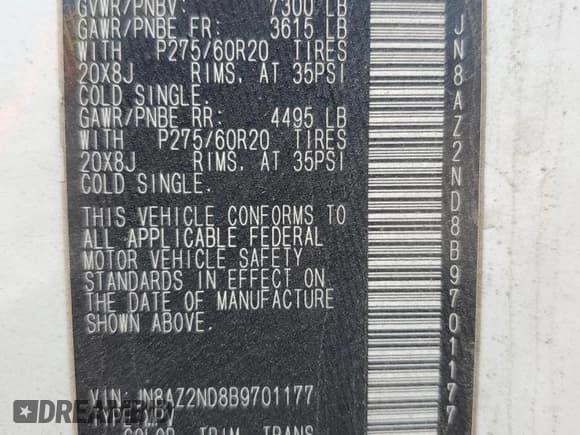 ✅ 2011 Infiniti QX56 8-passenger • VIN: JN8AZ2ND8B9701177 • Lot: 70919985. Listed on Copart with 160,192 mi. Free auction sales archive from the USA and detailed vehicle history report at DreamBid. Image 14.