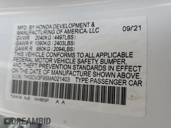 ✅ 2021 Honda Accord Touring • VIN: 1HGCV3F95MA021403 • Lot: 70882065. Listed on Copart with Not provided. Free auction sales archive from the USA and detailed vehicle history report at DreamBid. Image 13.