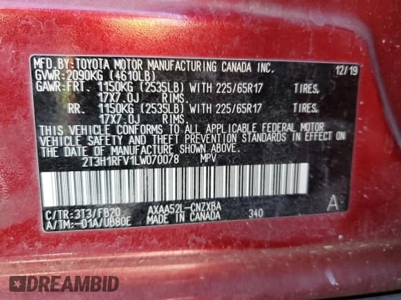 ✅ 2020 Toyota RAV4 LE • VIN: 2T3H1RFV1LW070078 • Lot: 83974865. Wystawiony na Copart z przebiegiem 90 513 mil. Bezpłatny archiwum sprzedaży aukcyjnych z USA i szczegółowy raport historii pojazdu na DreamBid. Zdjęcie 13.