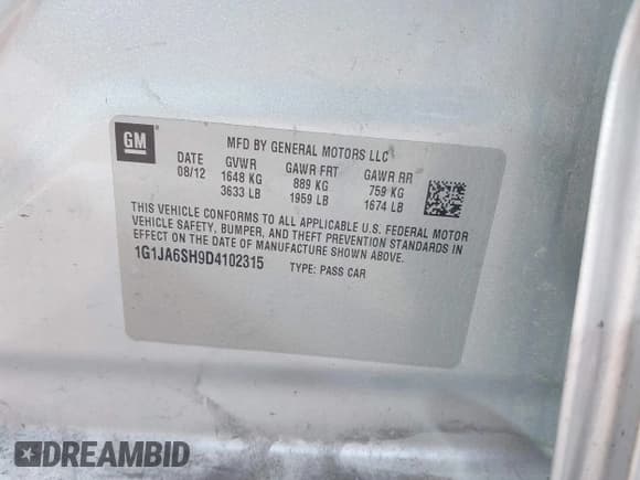 ✅ 2013 Chevrolet Sonic LS • VIN: 1G1JA6SH9D4102315 • Lot: 43416689. Listed on IAAI with Not provided. Free auction sales archive from the USA and detailed vehicle history report at DreamBid. Image 9.