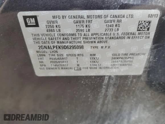 2013 Chevrolet Equinox LT with VIN 2GNALPEK9D6295098, listed as a Copart auction lot 71241585 with 151,234 mi miles and Salvage title. Bid and sale history available at DreamBid. Image 13.