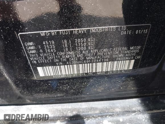 ✅ 2015 Subaru Legacy Premium • VIN: 4S3BNAC69F3044196 • Lot: 42160849. Listed on IAAI with 145,852 mi. Free auction sales archive from the USA and detailed vehicle history report at DreamBid. Image 9.