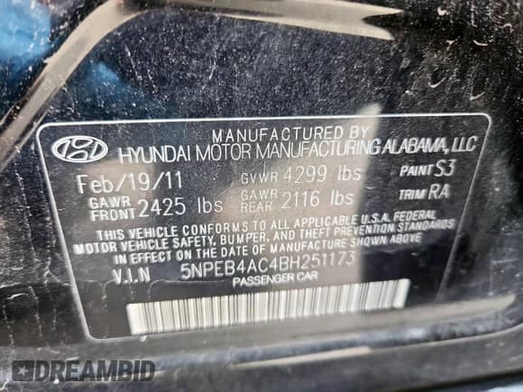 2011 Hyundai Sonata GLS с VIN 5NPEB4AC4BH251173, выставлен на аукционе Copart как лот 84199455 с пробегом 168 867 миль миль и Списание • Salvage title. История ставок и продаж доступна на DreamBid. Изображение 12.