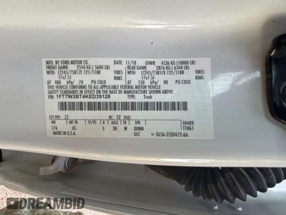 ✅ 2019 Ford F-350 Platinum • VIN: 1FT7W3BT4KED39128 • Lot: 61692715. Listed on Copart with 265,780 mi. Free auction sales archive from the USA and detailed vehicle history report at DreamBid. Image 10.