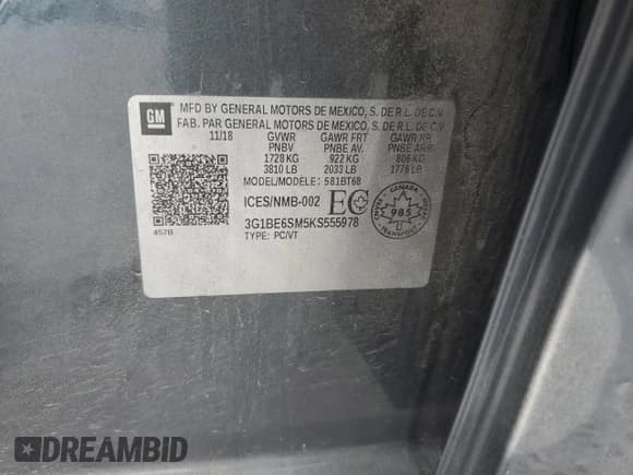 ✅ 2019 Chevrolet Cruze LT • VIN: 3G1BE6SM5KS555978 • Lot: 71033325. Listed on Copart with 103,493 mi. Free auction sales archive from the USA and detailed vehicle history report at DreamBid. Image 12.