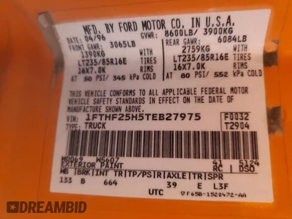 ✅ 1996 Ford F-250 • VIN: 1FTHF25H5TEB27975 • Lot: 52233055. Listed on Copart with Not provided. Free auction sales archive from the USA and detailed vehicle history report at DreamBid. Image 12.