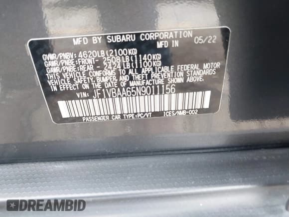 ✅ 2022 Subaru WRX • VIN: JF1VBAA65N9011156 • Lot: 42404530. Listed on IAAI with 48,026 mi. Free auction sales archive from the USA and detailed vehicle history report at DreamBid. Image 9.