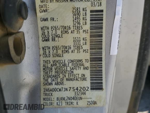 ✅ 2018 Nissan Frontier Pro-4X • VIN: 1N6AD0CW7JN754202 • Lot: 63784845. Listed on Copart with 119,397 mi. Free auction sales archive from the USA and detailed vehicle history report at DreamBid. Image 12.