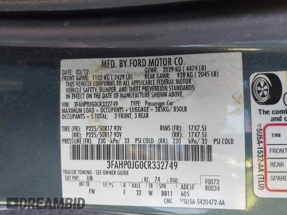 ✅ 2012 Ford Fusion SEL • VIN: 3FAHP0JG0CR332749 • Lot: 43398693. Listed on IAAI with 77,350 mi. Free auction sales archive from the USA and detailed vehicle history report at DreamBid. Image 9.