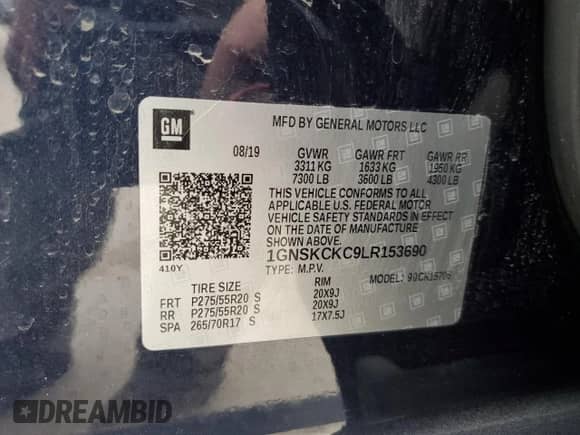 2020 Chevrolet Tahoe Premier with VIN 1GNSKCKC9LR153690, listed as a Copart auction lot 48520425 with 41,418 mi miles and Salvage title. Bid and sale history available at DreamBid. Image 13.