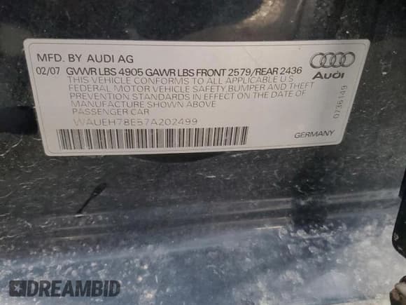 ✅ 2007 Audi A4 3.2L • VIN: WAUEH78E57A202499 • Lot: 56346765. Listed on Copart with 148,031 mi. Free auction sales archive from the USA and detailed vehicle history report at DreamBid. Image 12.