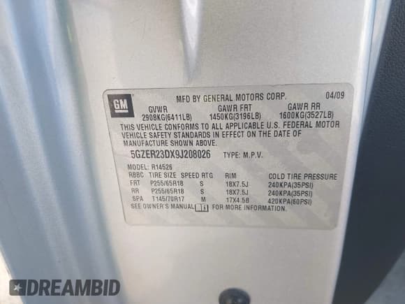 ✅ 2009 Saturn Outlook XR • VIN: 5GZER23DX9J208026 • Lot: 43424566. Listed on IAAI with 233,320 mi. Free auction sales archive from the USA and detailed vehicle history report at DreamBid. Image 9.