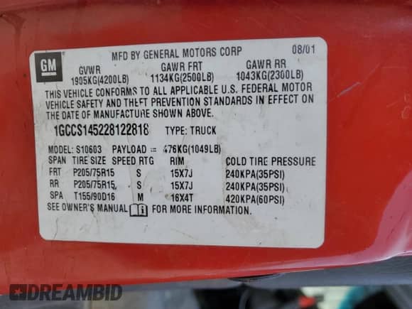 2002 Chevrolet S-10 LS с VIN 1GCCS145228122818, выставлен на аукционе Copart как лот 81168184 с пробегом 236 171 миль миль и Списание • Salvage title. История ставок и продаж доступна на DreamBid. Изображение 12.