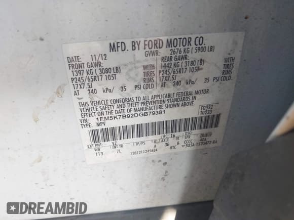 ✅ 2013 Ford Explorer • VIN: 1FM5K7B92DGB79381 • Lot: 43596227. Listed on IAAI with 224,666 mi. Free auction sales archive from the USA and detailed vehicle history report at DreamBid. Image 9.