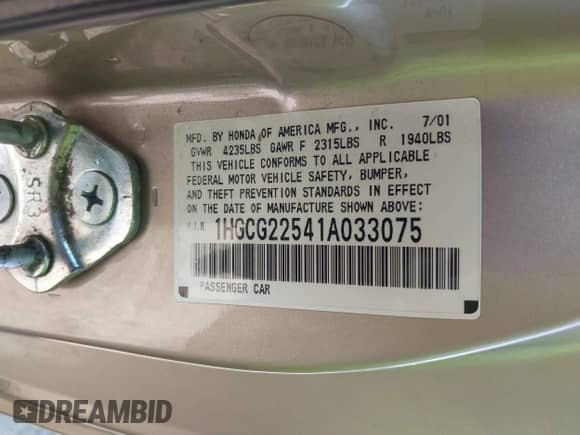 2001 Honda Accord EX с VIN 1HGCG22541A033075, выставлен на аукционе IAAI как лот 40200453 с пробегом 121 275 миль миль и . История ставок и продаж доступна на DreamBid. Изображение 9.