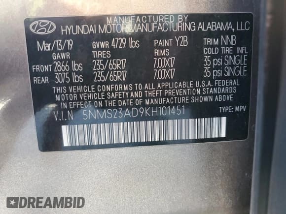 ✅ 2019 Hyundai Santa Fe SE • VIN: 5NMS23AD9KH101451 • Lot: 91171595. Listed on Copart with 127,277 mi. Free auction sales archive from the USA and detailed vehicle history report at DreamBid. Image 14.