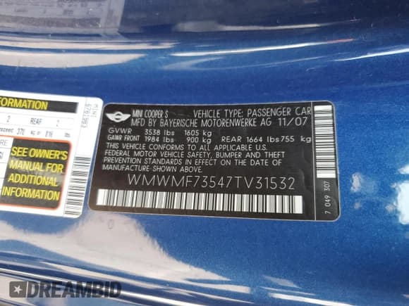 ✅ 2007 MINI Hardtop S • VIN: WMWMF73547TV31532 • Lot: 68972735. Listed on Copart with 102,365 mi. Free auction sales archive from the USA and detailed vehicle history report at DreamBid. Image 12.