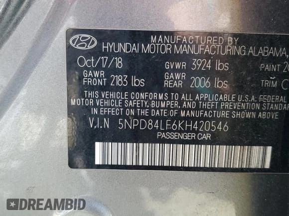 ✅ 2019 Hyundai Elantra SEL • VIN: 5NPD84LF6KH420546 • Lot: 83810105. Listed on Copart with 113,133 mi. Free auction sales archive from the USA and detailed vehicle history report at DreamBid. Image 12.