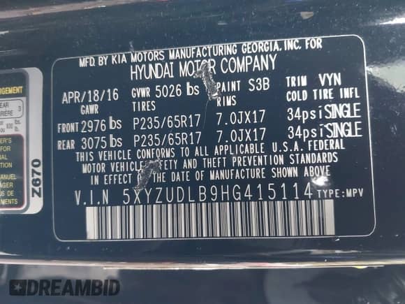 2017 Hyundai Santa Fe 2.4L with VIN 5XYZUDLB9HG415114, listed as a IAAI auction lot 43533973 with 78,724 mi miles and . Bid and sale history available at DreamBid. Image 9.