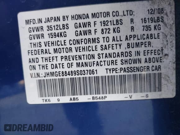 ✅ 2009 Honda Fit Sport • VIN: JHMGE88489S037061 • Lot: 43812358. Listed on IAAI with 192,661 mi. Free auction sales archive from the USA and detailed vehicle history report at DreamBid. Image 9.