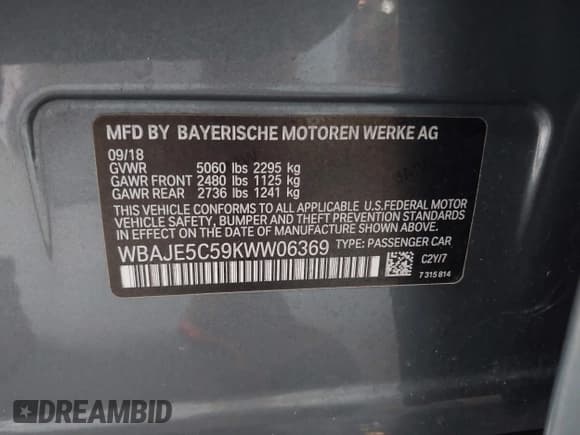 ✅ 2019 BMW 5 Series 540i • VIN: WBAJE5C59KWW06369 • Lot: 42405053. Listed on IAAI with 84,900 mi. Free auction sales archive from the USA and detailed vehicle history report at DreamBid. Image 9.