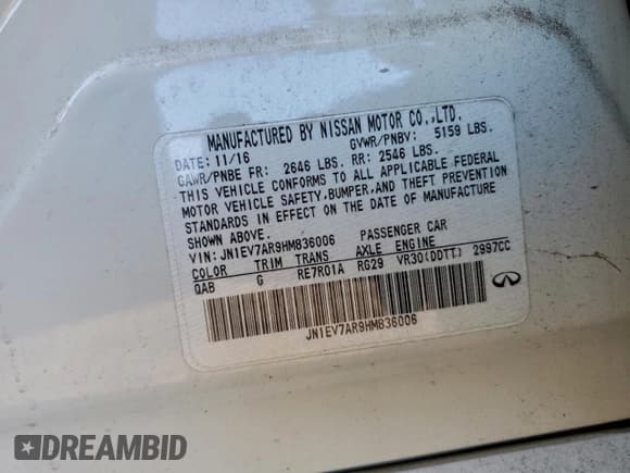 ✅ 2017 Infiniti Q50 Signature Edition • VIN: JN1EV7AR9HM836006 • Lot: 94568245. Listed on Copart with 63,152 mi. Free auction sales archive from the USA and detailed vehicle history report at DreamBid. Image 12.