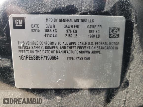 ✅ 2015 Chevrolet Cruze LT • VIN: 1G1PE5SB5F7199664 • Lot: 64974202. Listed on Copart with 88,179 mi. Free auction sales archive from the USA and detailed vehicle history report at DreamBid. Image 10.