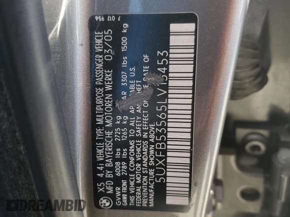 ✅ 2005 BMW X5 4.4i • VIN: 5UXFB53565LV15453 • Lot: 75830774. Listed on Copart with 148,211 mi. Free auction sales archive from the USA and detailed vehicle history report at DreamBid. Image 13.