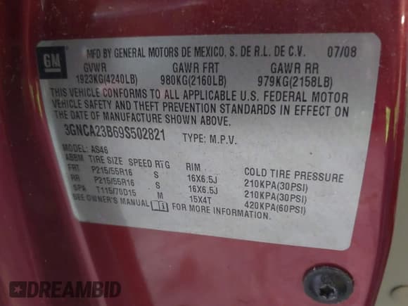 ✅ 2009 Chevrolet HHR 1LT • VIN: 3GNCA23B69S502821 • Lot: 42183132. Listed on IAAI with 111,780 mi. Free auction sales archive from the USA and detailed vehicle history report at DreamBid. Image 9.