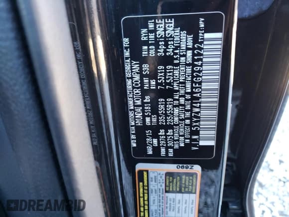 ✅ 2015 Hyundai Santa Fe • VIN: 5XYZW4LA6FG294122 • Лот: 80098563. Опубликован ранее на Copart с пробегом Не указан. Бесплатный доступ к архиву аукционных продаж из США и подробный отчёт об истории автомобиля на DreamBid. Изображение 13.