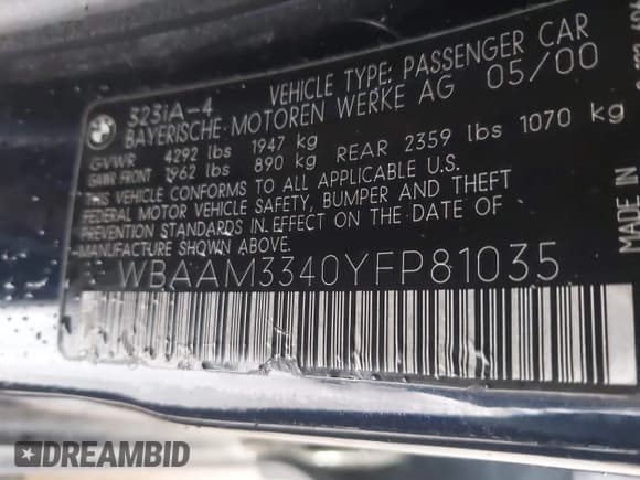 ✅ 2000 BMW 3 Series 323i • VIN: WBAAM3340YFP81035 • Lot: 41935034. Listed on IAAI with 196,679 mi. Free auction sales archive from the USA and detailed vehicle history report at DreamBid. Image 9.