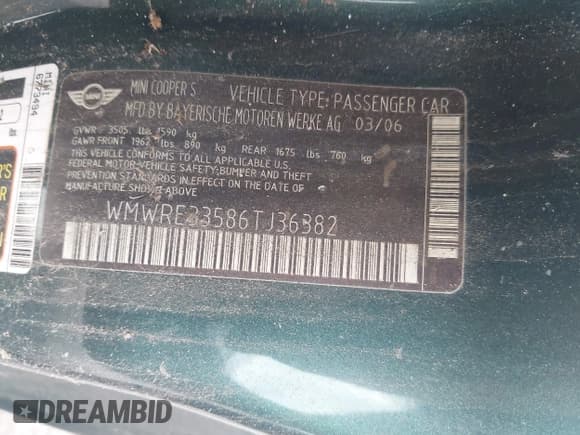 ✅ 2006 MINI Hardtop S • VIN: WMWRE33586TJ36382 • Lot: 42646758. Listed on IAAI with 99,766 mi. Free auction sales archive from the USA and detailed vehicle history report at DreamBid. Image 9.