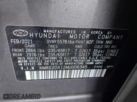 ✅ 2021 Hyundai Santa Fe Blue • VIN: KM8S2DA12MU006345 • Lot: 41505836. Listed on IAAI with 96,446 mi. Free auction sales archive from the USA and detailed vehicle history report at DreamBid. Image 9.