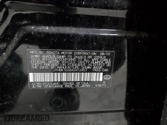 ✅ 2010 Lexus ES 330 • VIN: JTHBK1EG6A2412457 • Lot: 89649525. Listed on Copart with 115,672 mi. Free auction sales archive from the USA and detailed vehicle history report at DreamBid. Image 12.