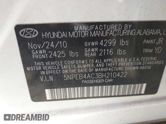 ✅ 2011 Hyundai Sonata GLS • VIN: 5NPEB4AC3BH210422 • Lot: 43658534. Listed on IAAI with 175,689 mi. Free auction sales archive from the USA and detailed vehicle history report at DreamBid. Image 9.