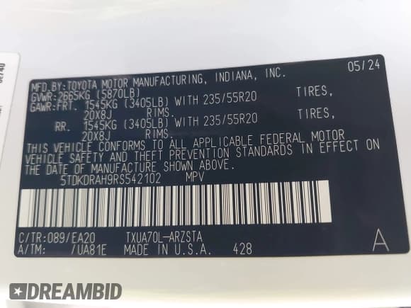 ✅ 2024 Toyota Highlander XLE • VIN: 5TDKDRAH9RS542102 • Лот: 43551204. Опубликован ранее на IAAI с пробегом 17 732 миль. Бесплатный доступ к архиву аукционных продаж из США и подробный отчёт об истории автомобиля на DreamBid. Изображение 9.