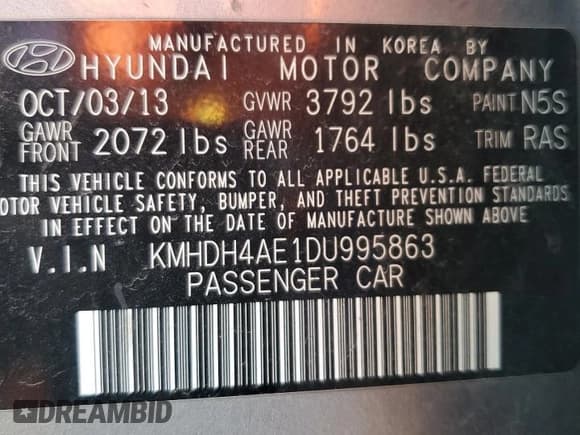 ✅ 2013 Hyundai Elantra GLS • VIN: KMHDH4AE1DU995863 • Lot: 83866015. Listed on Copart with 225,578 mi. Free auction sales archive from the USA and detailed vehicle history report at DreamBid. Image 13.