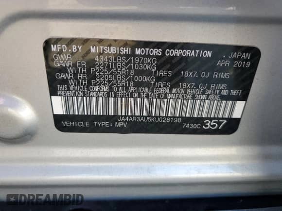 2019 Mitsubishi Outlander ES с VIN JA4AR3AU5KU028198, выставлен на аукционе Copart как лот 71694985 с пробегом 59 165 миль миль и Списание • Salvage title. История ставок и продаж доступна на DreamBid. Изображение 14.