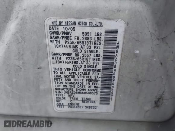 ✅ 2006 Nissan Murano SE • VIN: JN8AZ08W86W506575 • Lot: 43627745. Listed on IAAI with 344,883 mi. Free auction sales archive from the USA and detailed vehicle history report at DreamBid. Image 9.