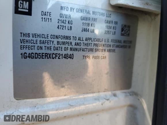 ✅ 2012 Buick LaCrosse Premium 1 • VIN: 1G4GD5ERXCF214840 • Lot: 71435385. Wystawiony na Copart z przebiegiem 79 388 mil. Bezpłatny archiwum sprzedaży aukcyjnych z USA i szczegółowy raport historii pojazdu na DreamBid. Zdjęcie 12.