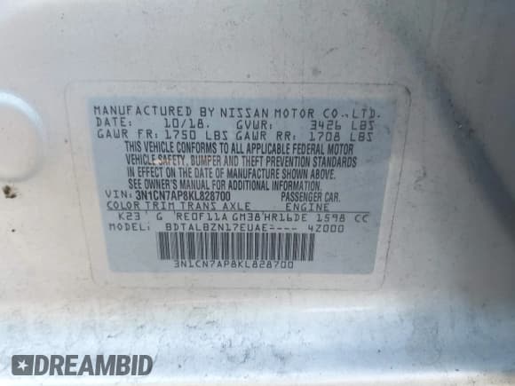 ✅ 2019 Nissan Versa SV • VIN: 3N1CN7AP8KL828700 • Lot: 43390610. Listed on IAAI with 104,145 mi. Free auction sales archive from the USA and detailed vehicle history report at DreamBid. Image 9.