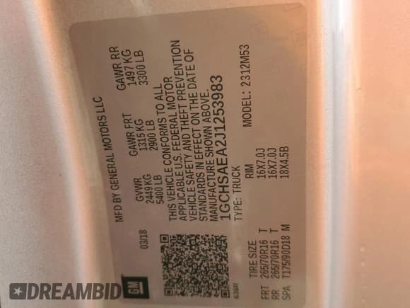 ✅ 2018 Chevrolet Colorado 2WD • VIN: 1GCHSAEA2J1253983 • Lot: 92631915. Wystawiony na Copart z przebiegiem 37 766 mil. Bezpłatny archiwum sprzedaży aukcyjnych z USA i szczegółowy raport historii pojazdu na DreamBid. Zdjęcie 12.