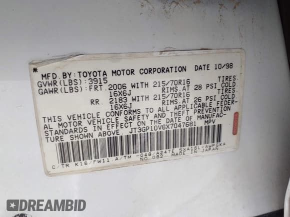 ✅ 1999 Toyota RAV4 • VIN: JT3GP10V6X7047681 • Лот: 43383073. Опубликован ранее на IAAI с пробегом 173 815 миль. Бесплатный доступ к архиву аукционных продаж из США и подробный отчёт об истории автомобиля на DreamBid. Изображение 9.