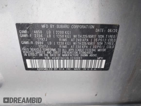 ✅ 2020 Subaru Outback Premium • VIN: 4S4BTACC8L3230881 • Lot: 42295922. Listed on IAAI with 124,275 mi. Free auction sales archive from the USA and detailed vehicle history report at DreamBid. Image 9.