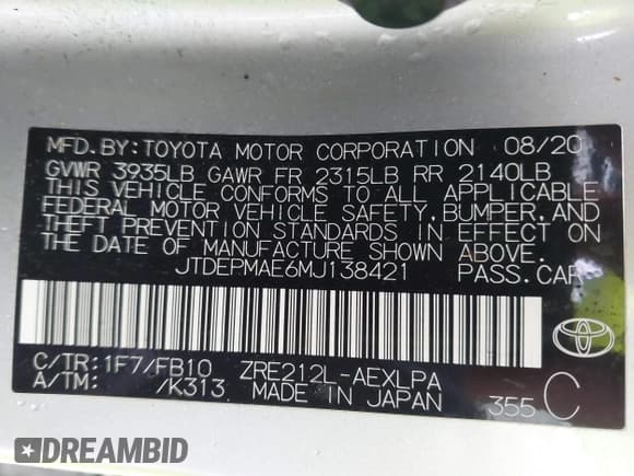 ✅ 2021 Toyota Corolla LE • VIN: JTDEPMAE6MJ138421 • Лот: 43573066. Опубликован ранее на IAAI с пробегом 54 159 миль. Бесплатный доступ к архиву аукционных продаж из США и подробный отчёт об истории автомобиля на DreamBid. Изображение 9.